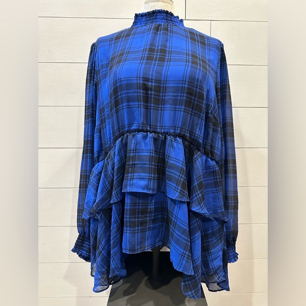 Torrid Blue Plaid Ruffle Peplum Blouse- size 2